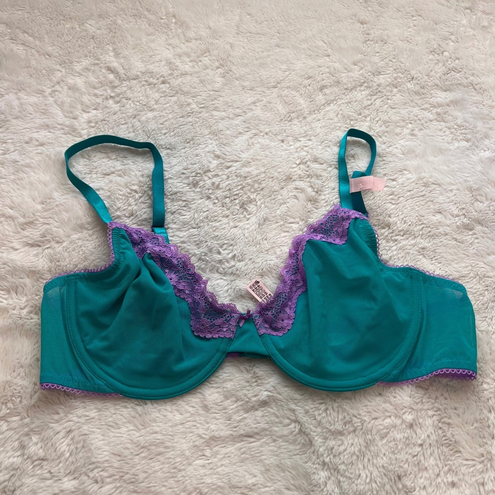 Victorias Secret Unlined Underwire Bra 38C Teal Purple Mesh Lace Trim 26818936